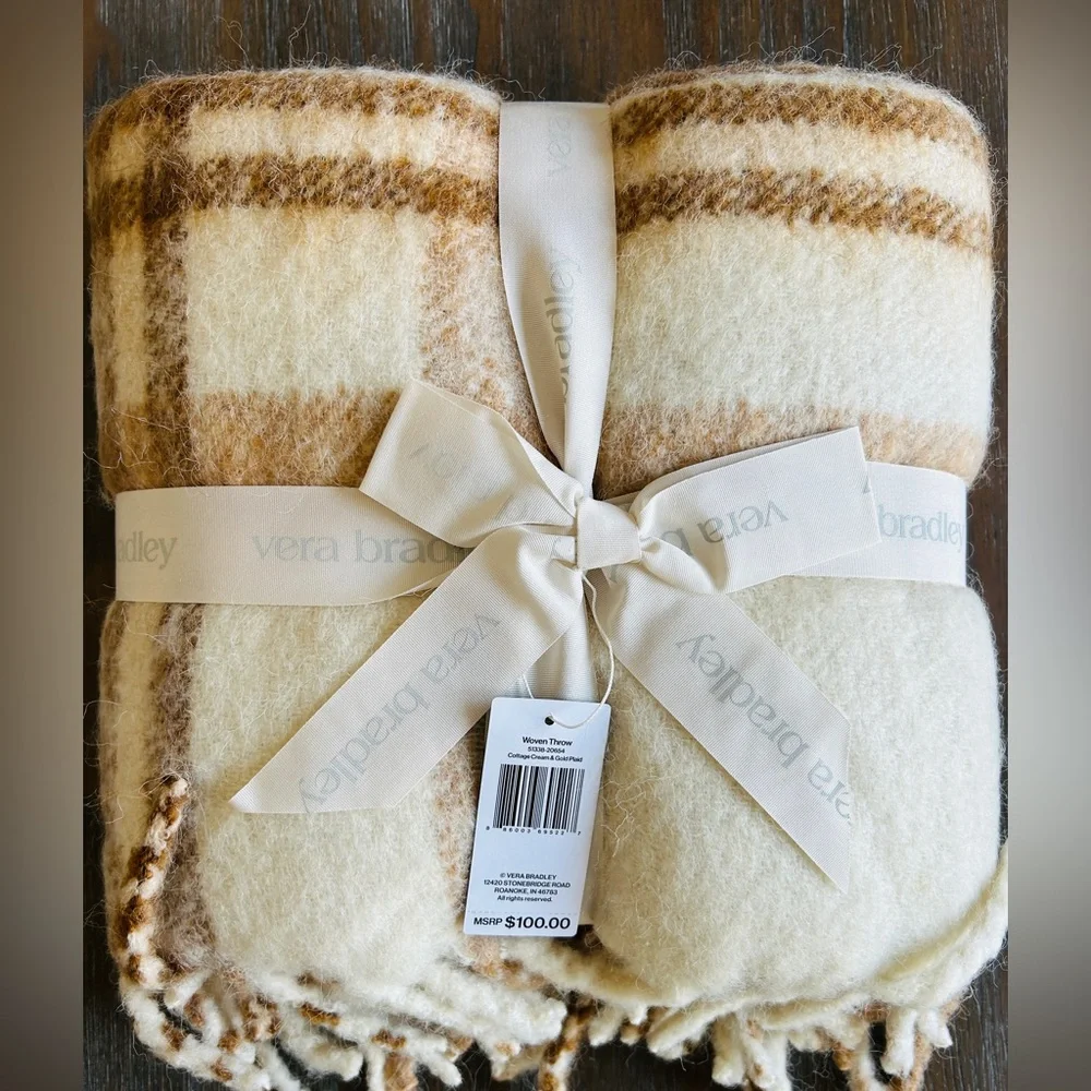Vera Bradley NWT Wool Blend Woven Throw Blanket Cream Gold Plaid 50x70